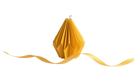 A distinctive yellow geometric candle, with a faceted, pleated design and a golden ribbon elegantly wrapped around its base. background removed
