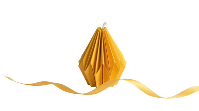A distinctive yellow geometric candle, with a faceted, pleated design and a golden ribbon elegantly wrapped around its base. background removed