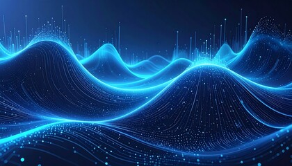 Flowing blue waves of light, with sparkling particles rising upwards in a dark background. Data stream visualization
