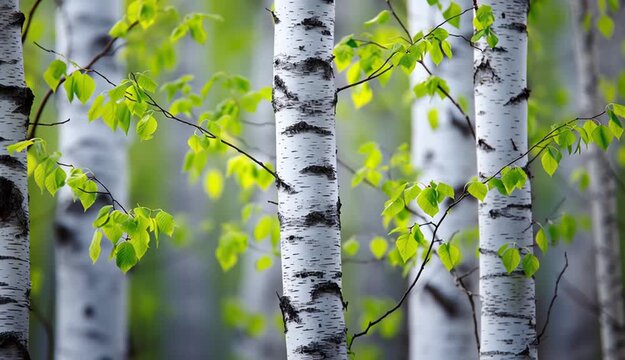 White birch tree trunks with characteristic black markings in vertical pattern, fresh spring green leaves on branches, bright natural forest scene, white bark texture with dark spots and horizontal 