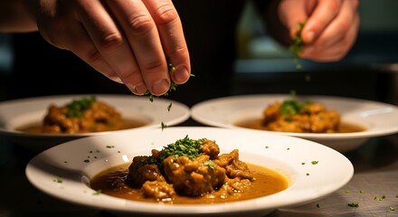 Chef preparing gourmet dish adding final touch of fresh herbs