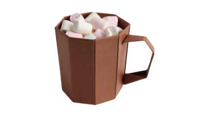 An origami brown mug, creatively folded, brimming with soft white and pink marshmallows, perfect for a cozy, handcrafted feel. background removed