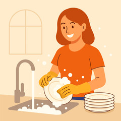 Smiling woman washing dishes by hand in kitchen sink with soap foam and running water. Domestic chores and home cleaning concept in flat vector style.