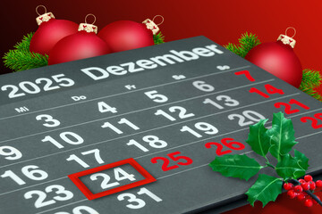 Deutscher Kalender Monat Dezember 2025  Feiertage Weihnachten und Dekoration mit Weihnachtskugeln