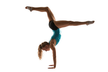 A focused female gymnast performs a challenging handstand split pose, showcasing strength, balance, and flexibility in a dynamic athletic display. background removed