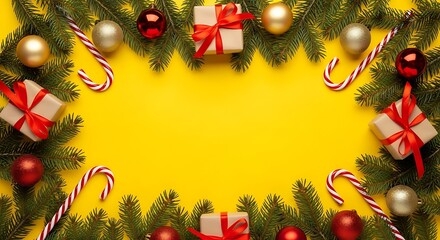 Christmas background with presents and ornaments on bright yellow surface