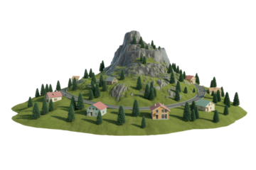 A miniature village scene featuring colorful houses, a winding road, and numerous pine trees surrounding a central rocky mountain. background removed