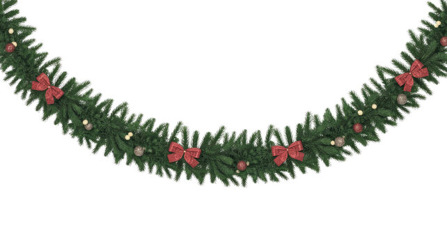 An elegant curved Christmas garland featuring green pine branches, festive red bows, and shimmering ornaments, ideal for holiday season decorations. background removed