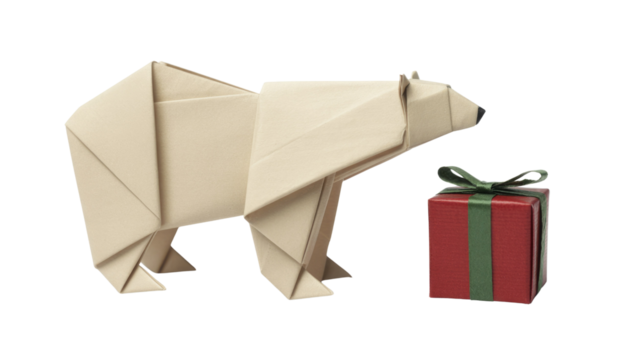 An elegant beige origami bear stands beside a festive red gift box with a green ribbon, against a solid transparent background. background removed