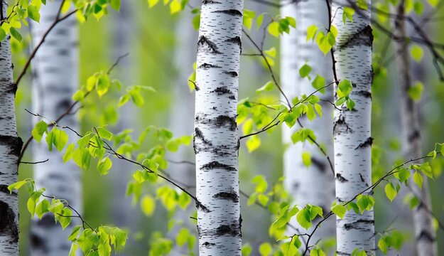 White birch tree trunks with characteristic black markings in vertical pattern, fresh spring green leaves on branches, bright natural forest scene, white bark texture with dark spots and horizontal 