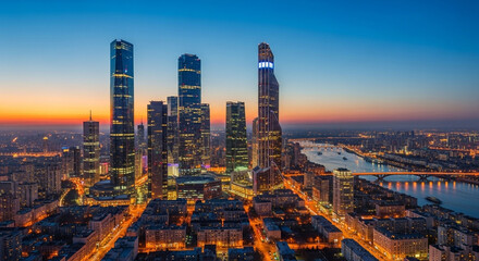 Fototapeta premium Hong Kong's iconic city skyline at night featuring illuminated skyscrapers and a breathtaking urban view