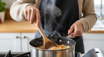 Cooking Vegetable Soup At Home In Silver Pot on Stovetop