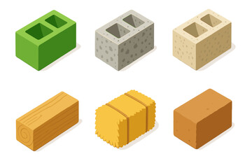 Colorful building materials collection: green brick, concrete, stone, wood, straw, clay