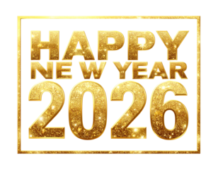 Elegant Gold “Happy New Year 2026” Text with Sparkling Frame