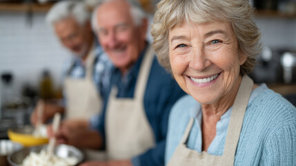 Joyful companionship among seniors engaging in group cooking activity