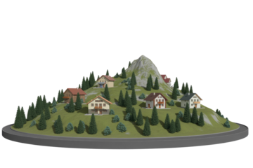 A miniature village set on a green, hilly landscape with numerous pine trees, a central rocky mountain, and a circular road. background removed