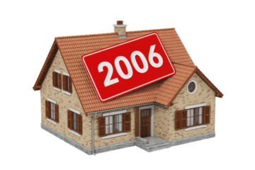 3D rendered brick house with a tiled roof and "2006" on a red sign atop it, representing a significant year. background removed