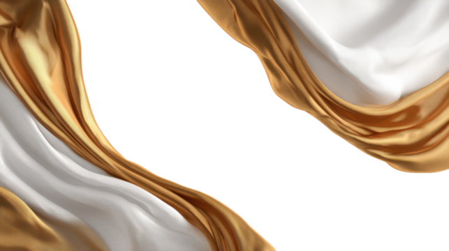 corners of glossy gold and white silk or satin fabric frame with central empty copy space isolated on white or transparent png - Powered by Adobe