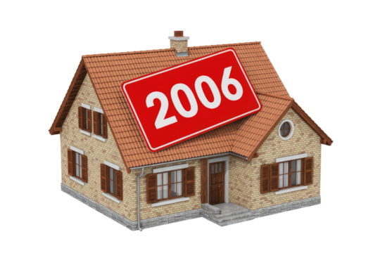 3D rendered brick house with a tiled roof and "2006" on a red sign atop it, representing a significant year. background removed