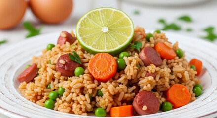 Delicious Fried Rice Plated with Fresh Vegetables and Lime Slice Topping