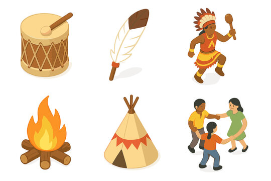 Native american culture icons: drumming, feathers, dance, campfire, teepee, children playing