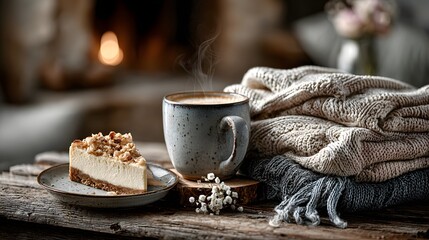 cup of hot drink and knitted cozy scarf on table