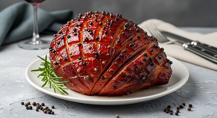 Delicious glazed ham with cloves rosemary and red wine ready to eat
