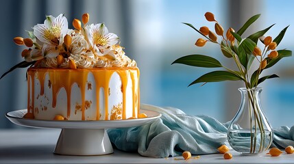 white birthday cake with melted caramel