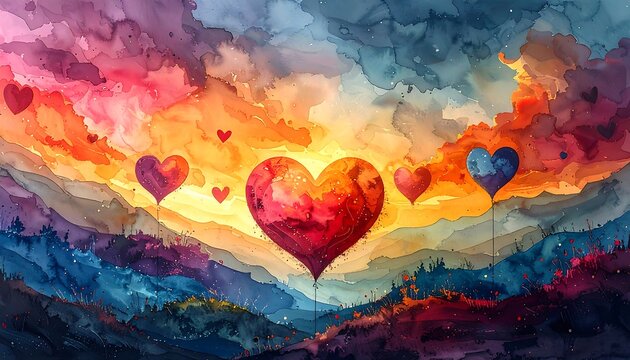 Dreamy watercolor landscape with floating heart balloons against a vibrant, colorful sunset sky over rolling hills