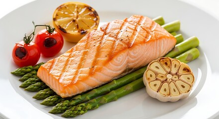 Delicious grilled salmon fillet served with asparagus and roasted vegetables