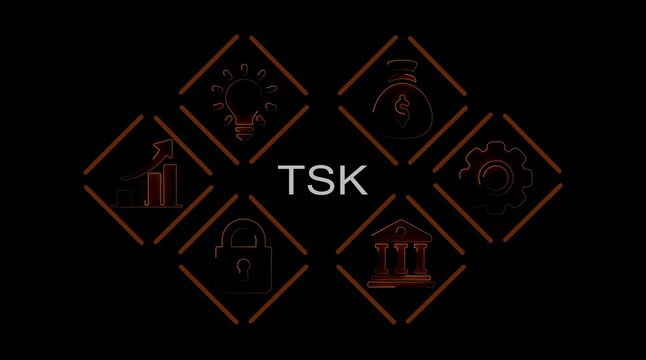 Business concept icons light bulb money bag gear graph lock bank building T S K finance growth