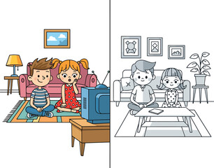Colorful and grayscale children sitting in living room interior, retro nostalgic family scene, contrast style vector illustration for stock content