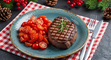 Delicious grilled steak served with fresh cherry tomatoes and rosemary sprig