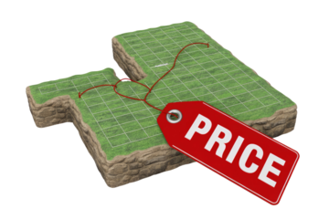 Isometric land plots with a grid pattern, green grass, connected by a red string to a 'PRICE' tag, symbolizing real estate valuation. background removed