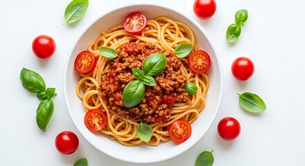 Delicious spaghetti bolognese with fresh tomatoes and basil leaves artful arrangement