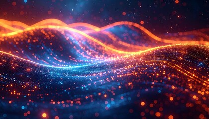 Flowing, wavy abstract with blue & orange light streams, creating a dynamic & glowing visual effect