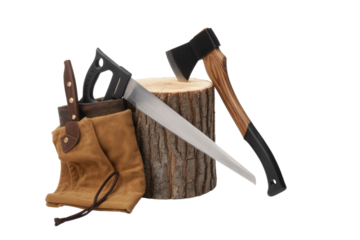 A woodcutting set featuring a log, hand saw, axe, and knife in a leather pouch, ready for outdoor work. background removed