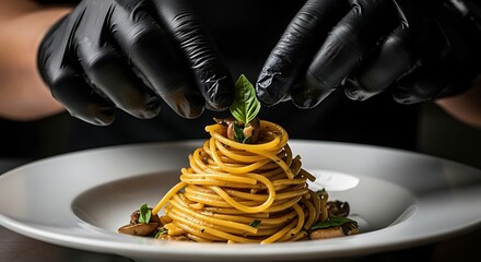 Delicious Spaghetti Dish Garnished with Fresh Basil by Chef Hands