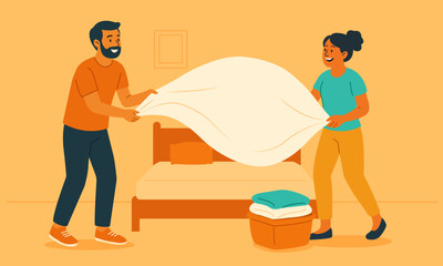 Smiling man and woman making the bed together at home. Fresh bedding and teamwork concept in cozy bedroom interior, flat vector illustration.