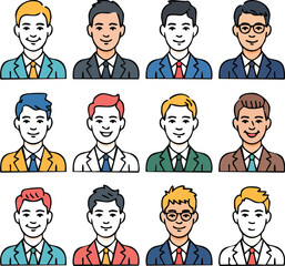 Fototapeta premium Business People Avatar Vector Icons Diverse Portraits of Men Colorful Suits Ties