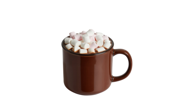 A cozy brown mug brimming with hot chocolate, generously topped with fluffy white and pink mini marshmallows against a solid transparent background. background removed