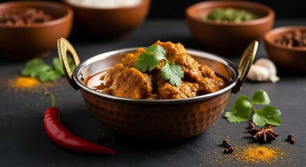 Delicious Indian curry served in copper bowl with spices arrangement