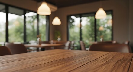 Fototapeta premium Restaurant interior with wooden table and outside nature view through windows