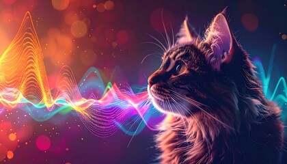 Fluffy brown cat profile with colorful, glowing waves and bokeh lights against a dark backdrop
