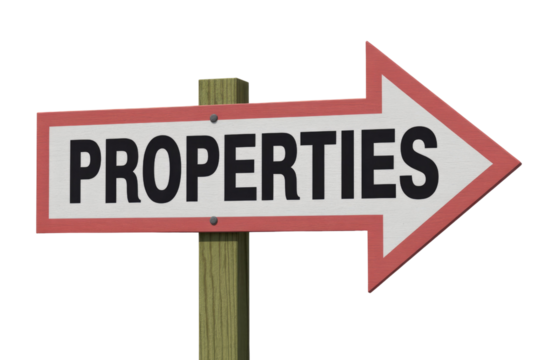 A white arrow-shaped sign with a red border, reading 'PROPERTIES' in black letters, points right from a wooden post. background removed