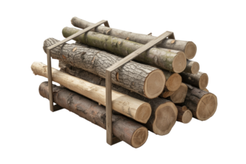 A neatly stacked pile of natural logs and firewood, some with bark, others revealing cut ends, held by a simple frame. background removed