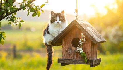 Fluffy cat sits on a wooden birdhouse beneath blossoms, backlit by warm sunlight in an outdoor, natural setting