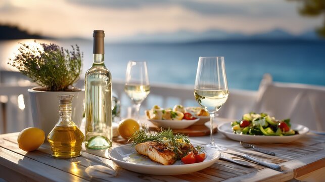 Romantic seaside dinner with white wine and grilled fish