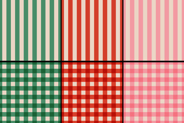 Vector set of retro classic geometric patterns for Christmas and New year. Vintage seamless gingham, plaid and striped patterns for winter holidays.