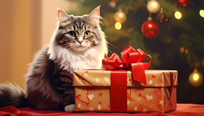 Fluffy cat with a gift in front of a blurred Christmas tree with red ornaments, soft lighting, and cozy atmosphere